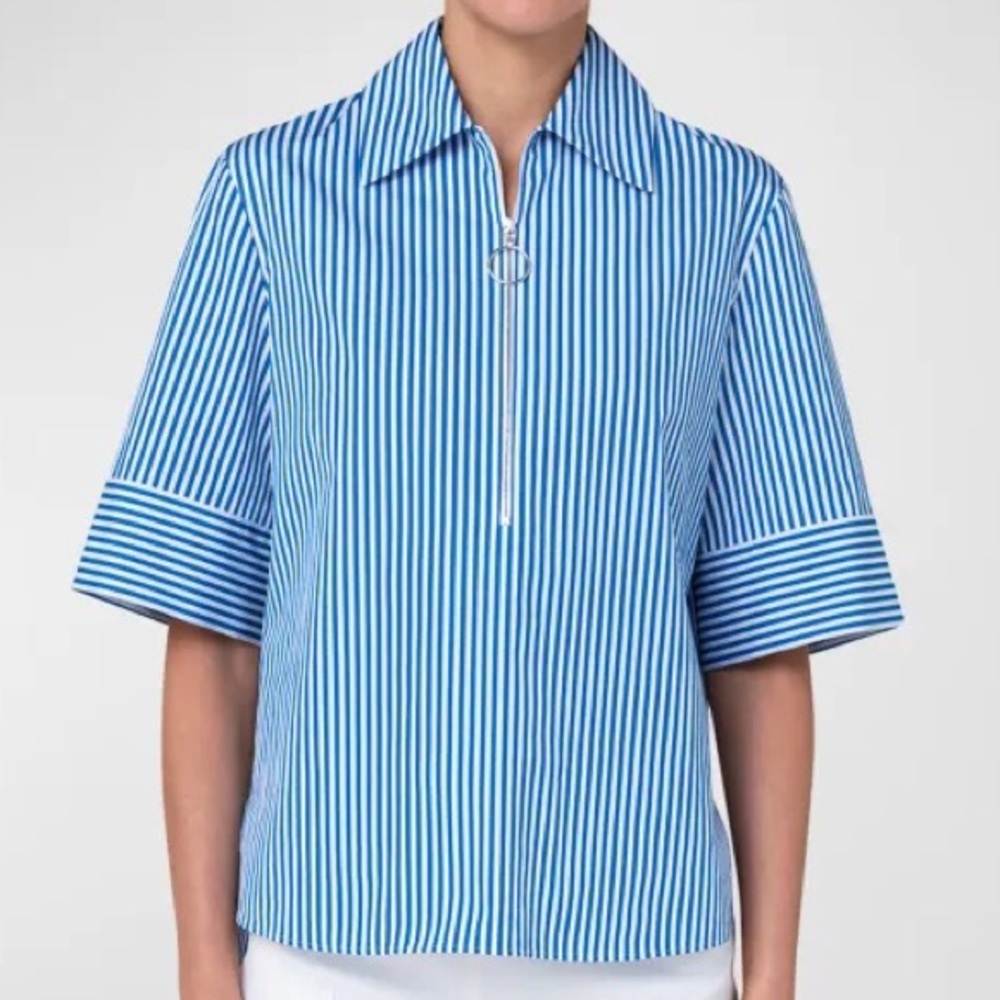 Akris Punto Blue & Stripe Half-Zip Blouse Size 18